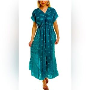 Johnny Was Millie Patchwork maxi short sleeve dress in teal with no slip. Size M